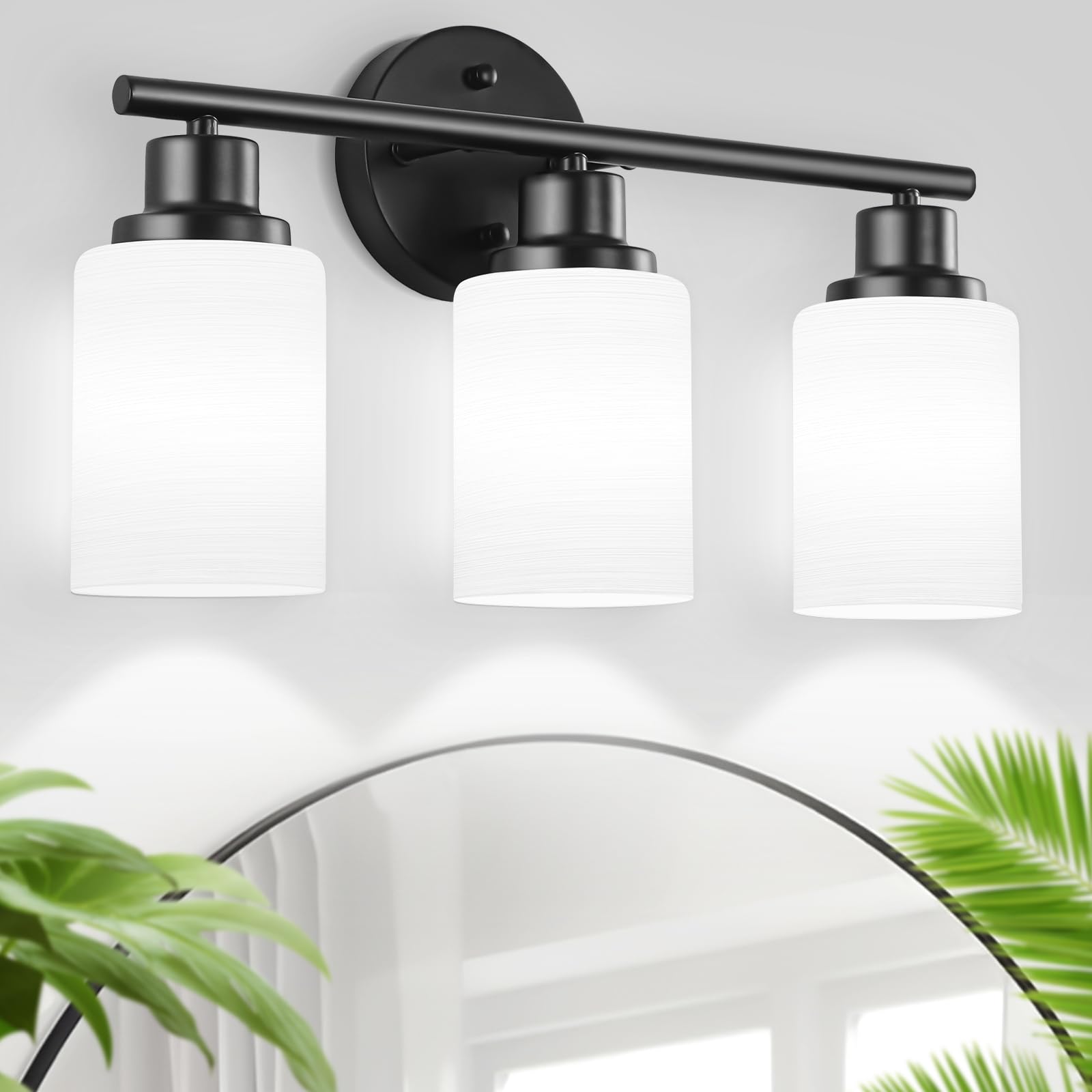 Guliaofo 3-Light Bathroom Vanity Light Fixtures, Matte Black, Milky White Frosted Glass Shade, E26 Base, Model Gu-111-LWNBH-3