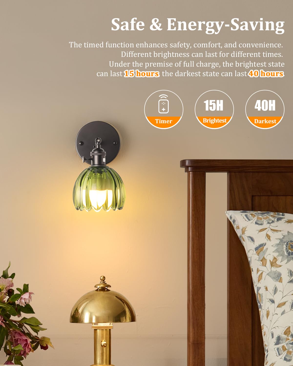 Shenmoyl Vintage Wall Sconce - Battery Operated Black Light with Green Tulip Glass Shade, Remote Control, Model 1-93318