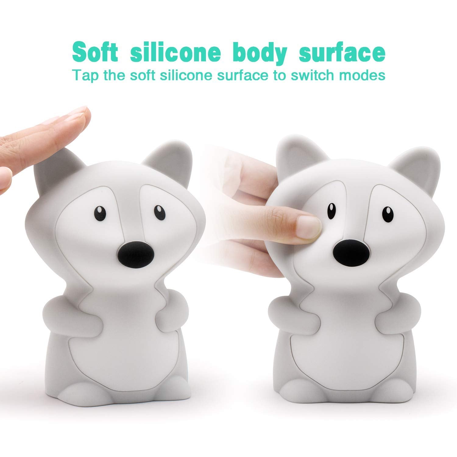 Tianhaixing Fox Kids Night Light, LED Rechargeable Child Lamp, RGB 9 Colors, Touch Control, Silicone, White, Model THX8858