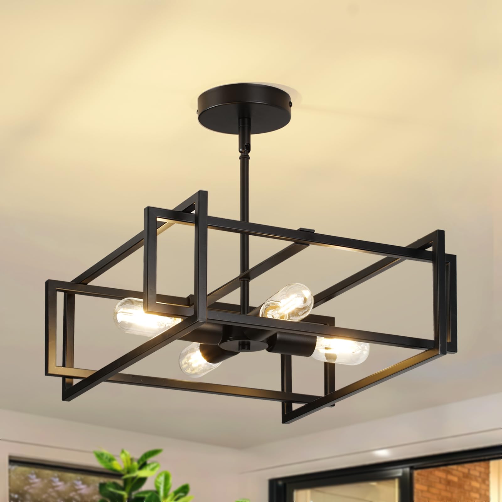 Modern Black Semi Flush Mount Ceiling Light Fixture 16.5, 4-Light Industrial Farmhouse Lighting for Kitchen Dining Room Living R