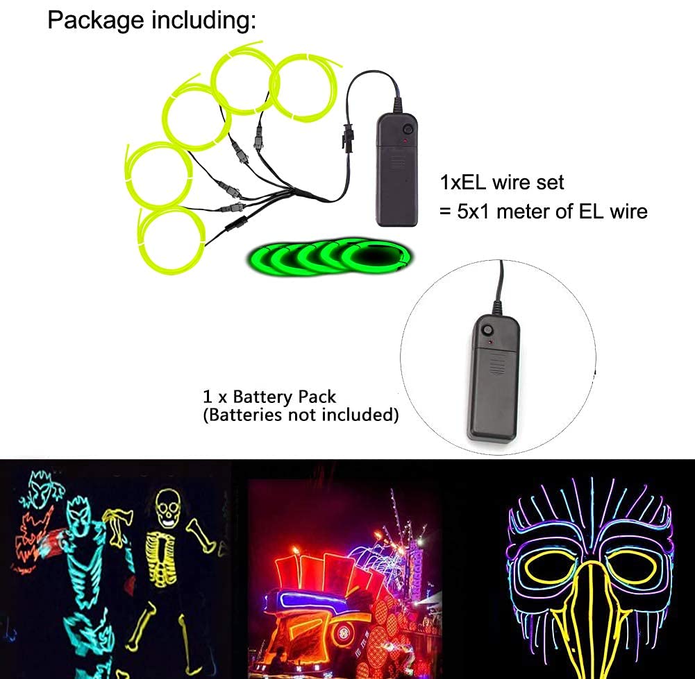 MaxLax EL Wire Lime Green, Noise Reduction Neon Wire Light 5 in 1 Meter, Electroluminescent Wire for Halloween Decoration, Chris