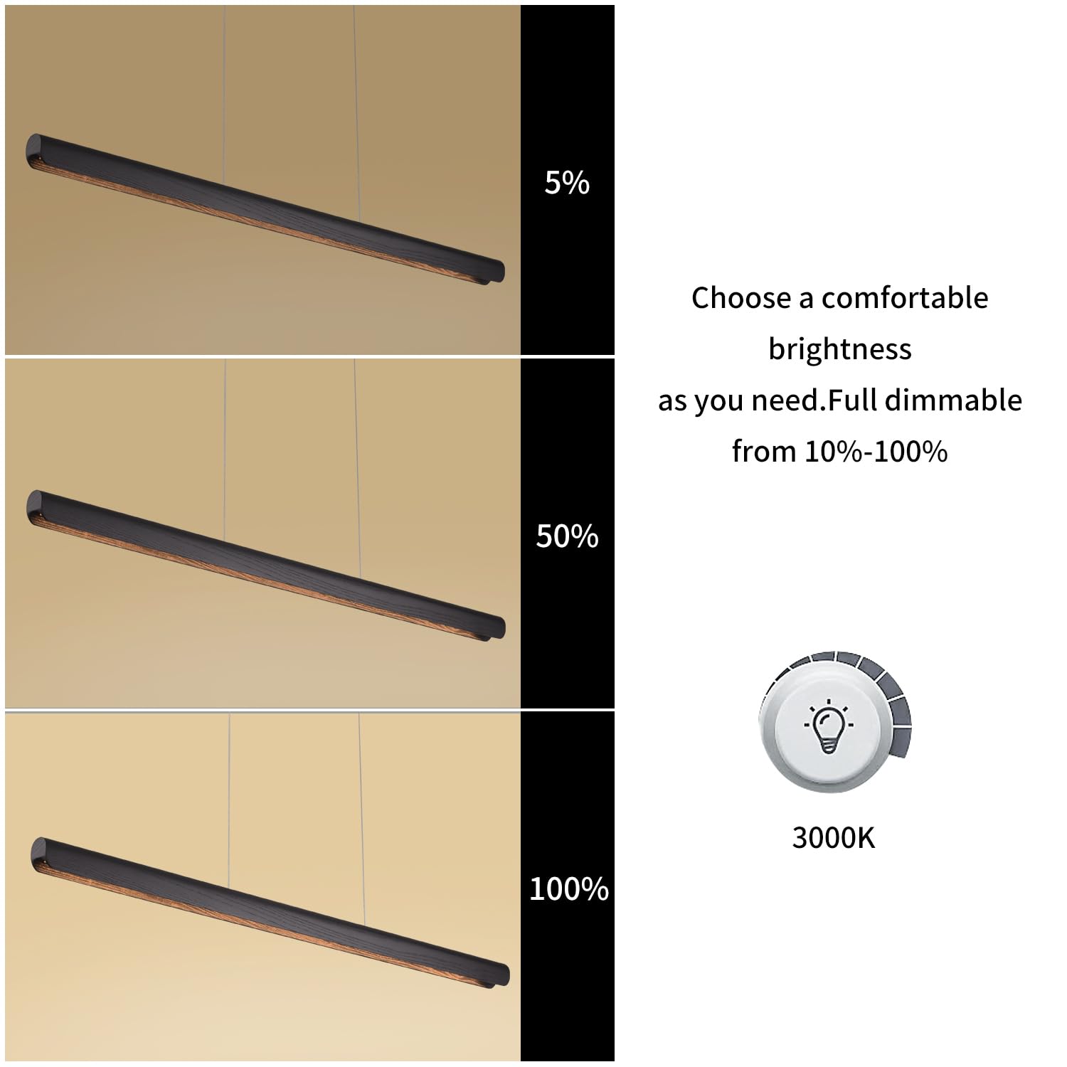 Yisdesign 55Inch Wood Led Linear Pendant Light  Dimmable Wood Ceiling Lamp Minimalist Linear Chandelier  40W Warm Light 3000K  Modern Kitchen Island Dining Room Lighting Black Adjustable Height