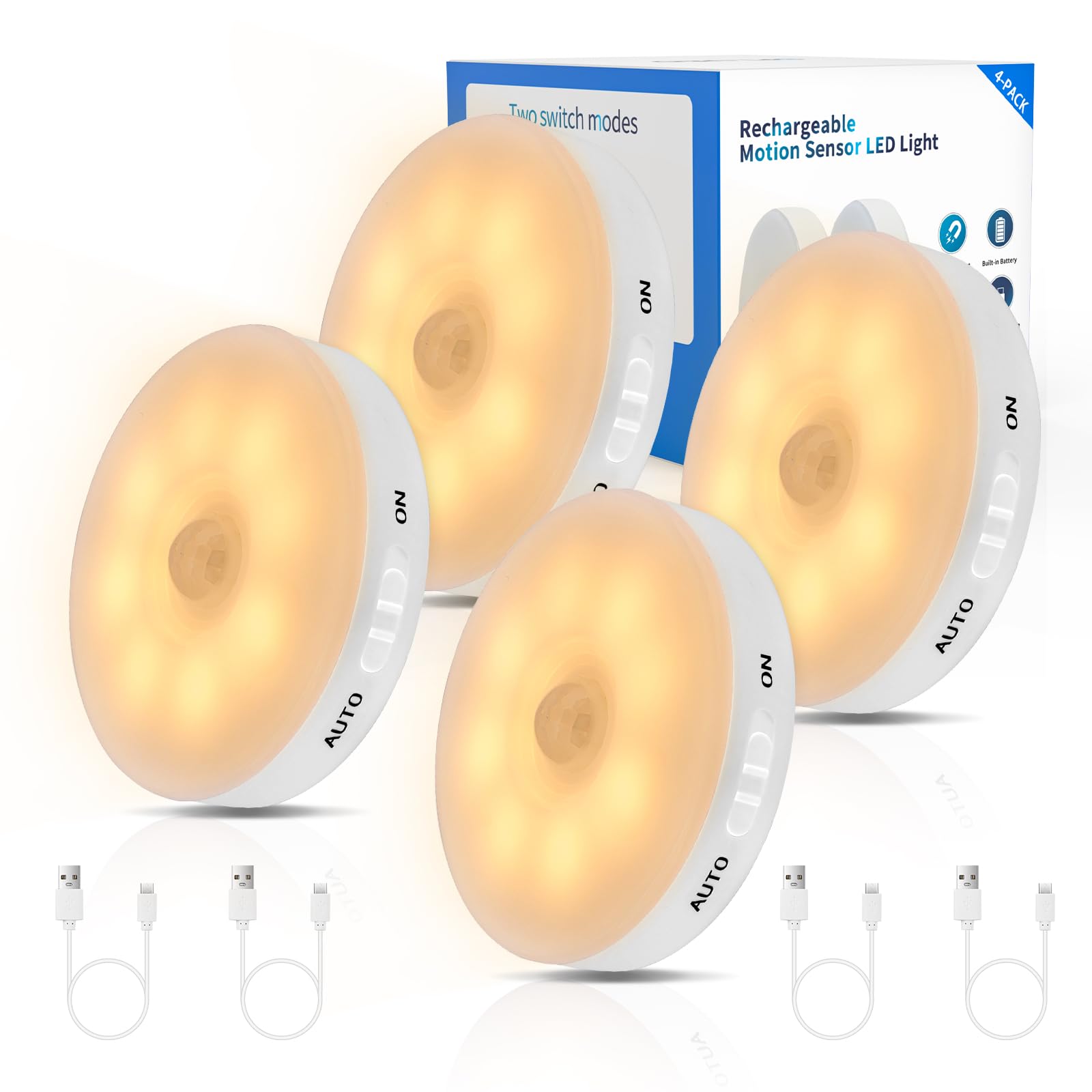 Improved Led Rechargeable Motion Sensor Light Indoor, Bright & Long-Lasting Battery, Stick-On Motion Sensor Puck Night Lights Fo