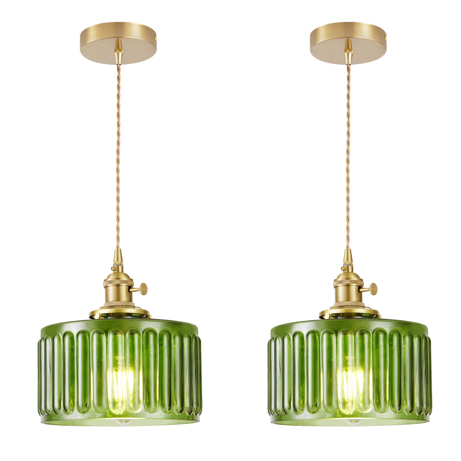 WimiSom 2 Pack Industrial Pendant Lighting, Glass Shade, Adjustable, Green