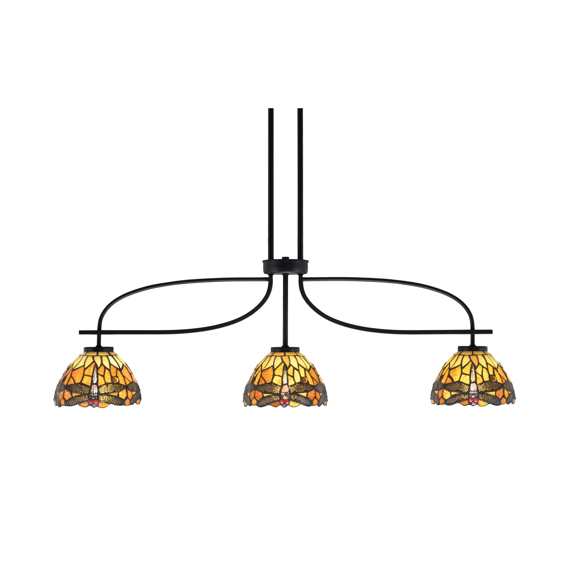 Cavella 3 Light Island Light Shown in Matte Black Finish with 7&quot; Amber Dragonfly Art Glass