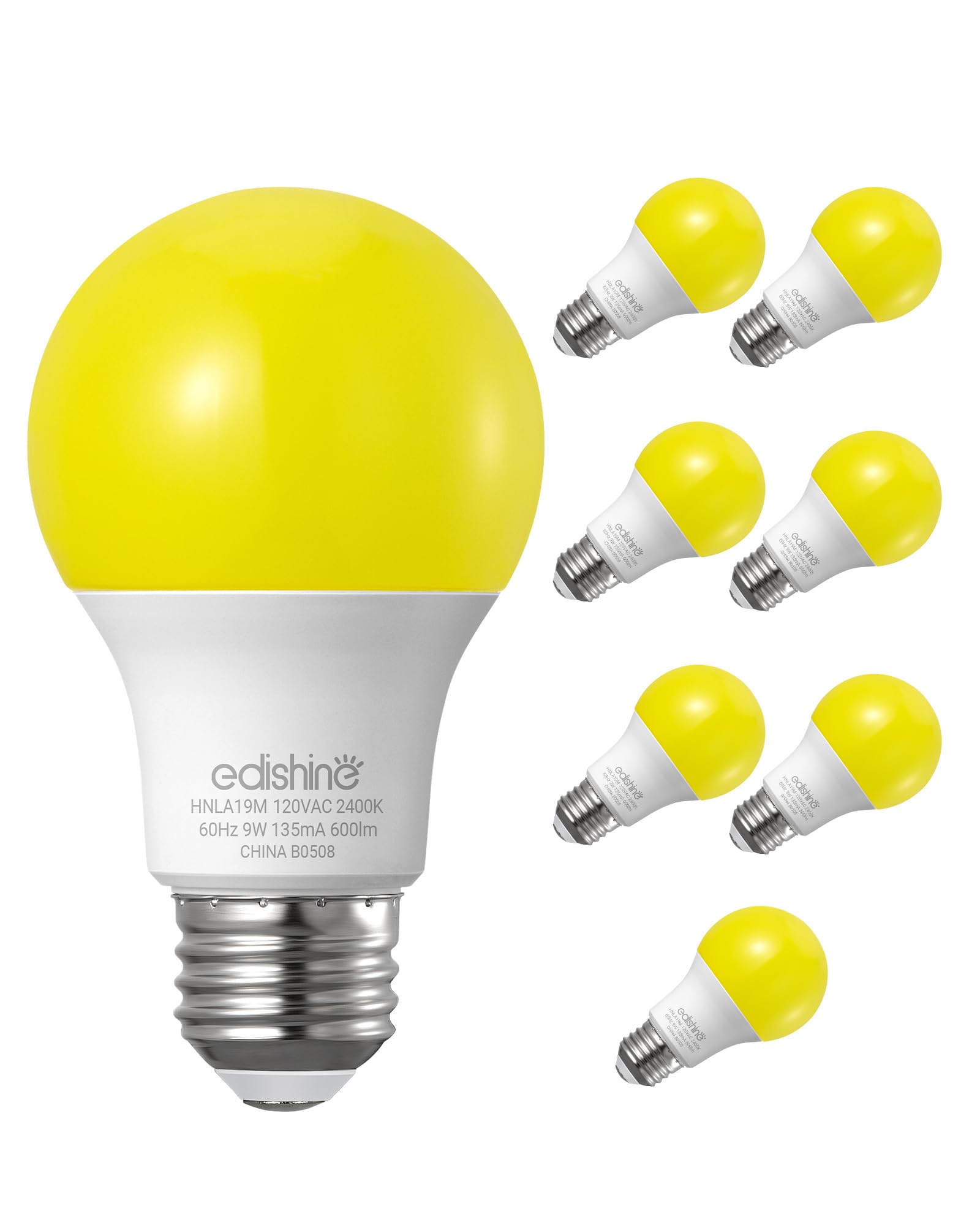 Edishine A19 Yellow Light Bulbs, 9W(60W Equivalent), 600Lm 2400K Amber Glow Outdoor Bug Light Bulbs, Non-Dimmable, E26 Medium Ba