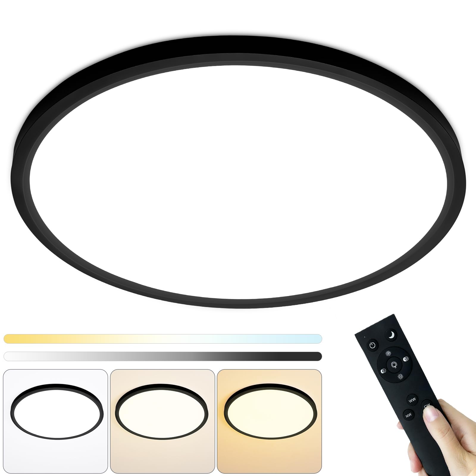 HOVENLA LED Ceiling Light Fixture 15 Inch, 36W, Dimmable, 3000K-6500K, Black, Model LT1371-T01