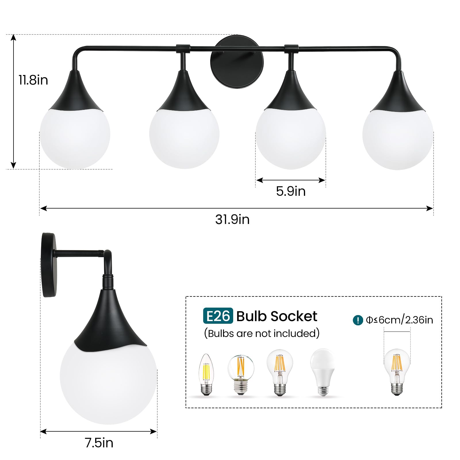 Hahzt Bathroom Vanity Light Fixtures: 4-Light Mid Century Modern Bathroom Lighting Fixtures Over Mirrors - Matte Black Wall Sconce With Milky Glass Ball Shade For Bath Bedroom