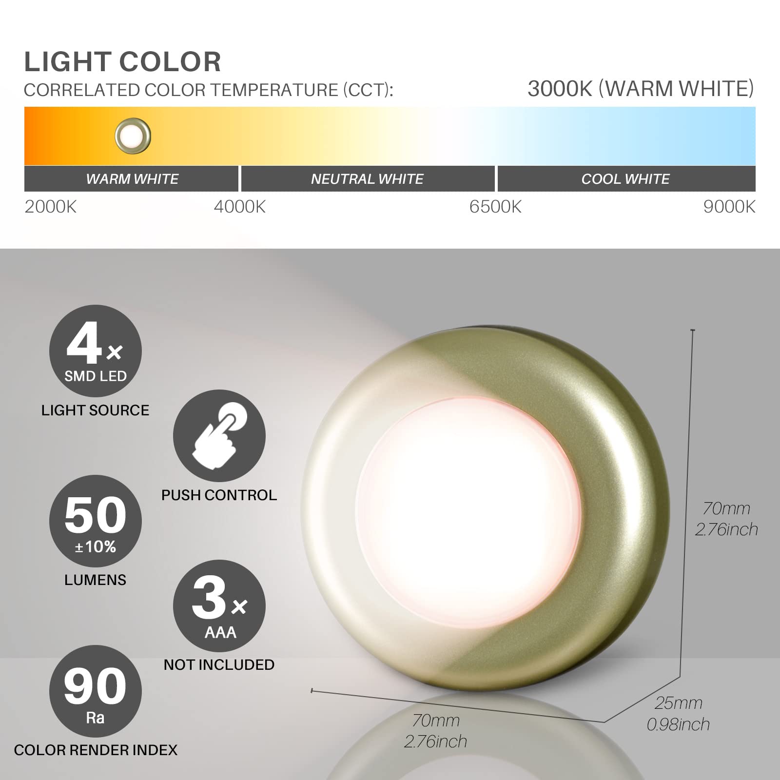Star-Spangled 5 Pack Push Tap Lights, Led Touch Puck Lights, Golden Warm White, Battery Operated, Model Us-8016-Ye5-G