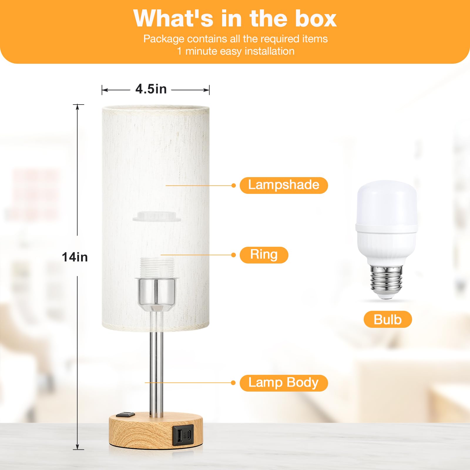 Fenmzee Bedside Table Lamp - 3 Way Dimmable Touch Control, 14" Cream Shade-Wood Base, USB Charging, LED Bulb Included