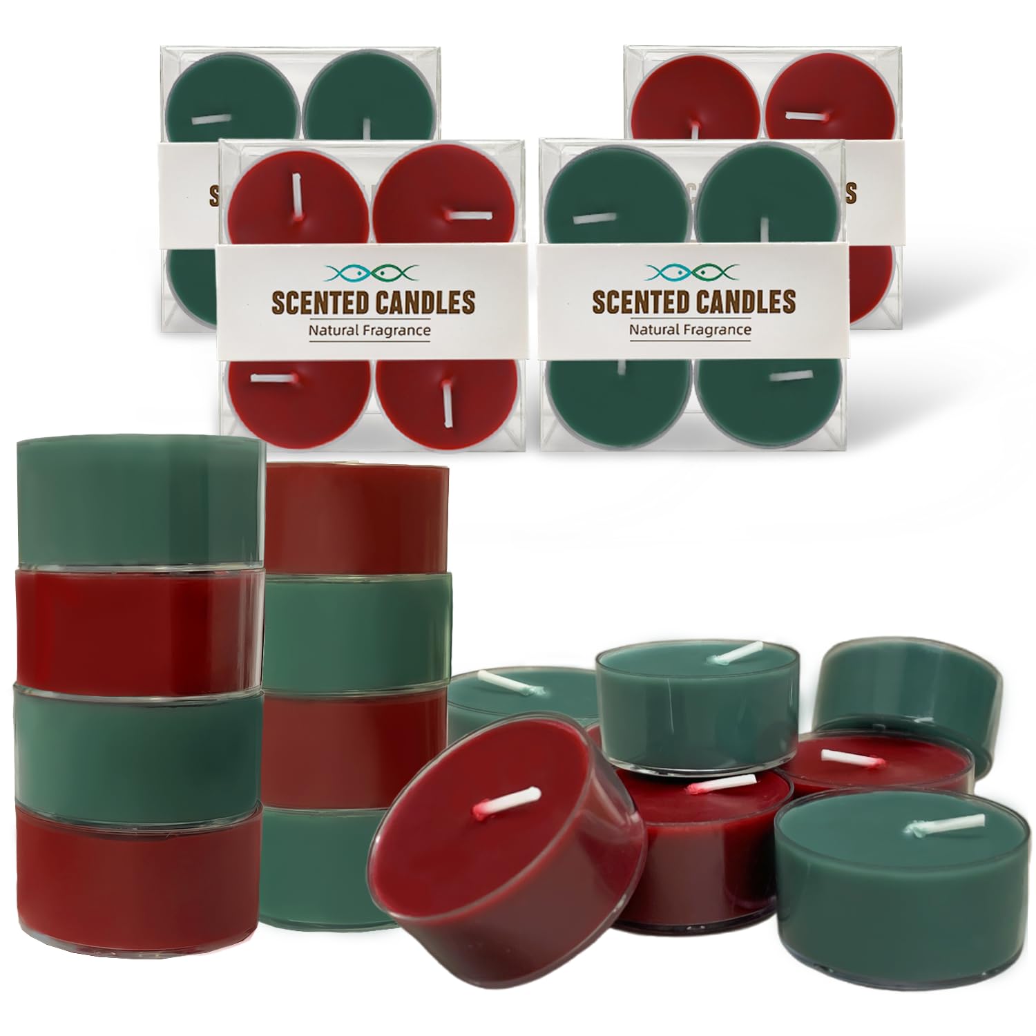Christmas Scented Tealight Candles, Natural Soy & Bee Wax Blend, Christmas Colors: Red & Green; Apple Cinnamon & Balsam Fir Stro