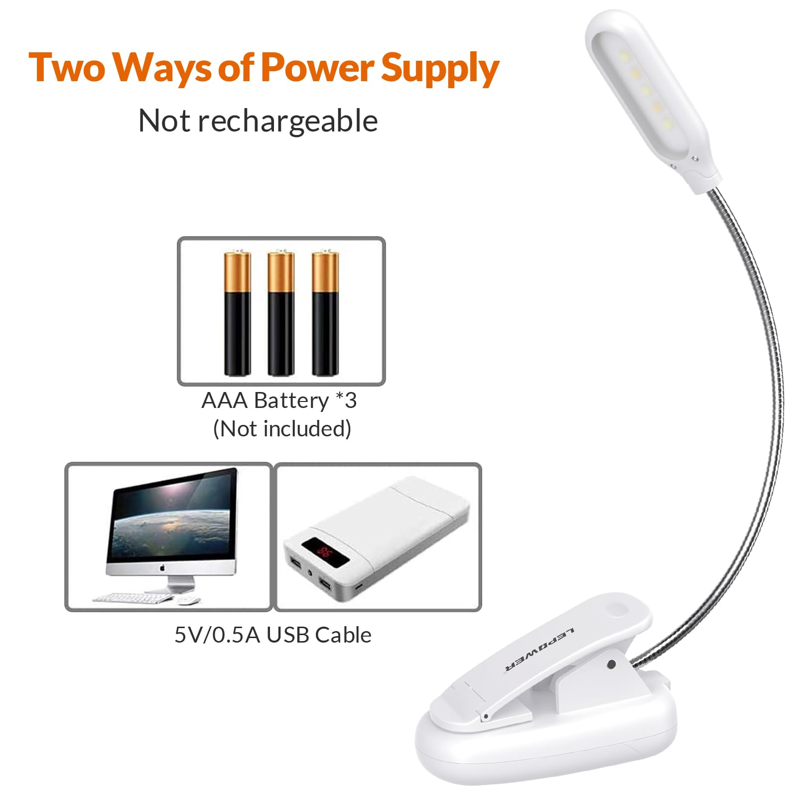 Lepower Clip-On Book Light With 5 Led Eye Care, 3 Color Changeable, Portable Reading Lamp, Battery Operated, Bed Light For Kids,