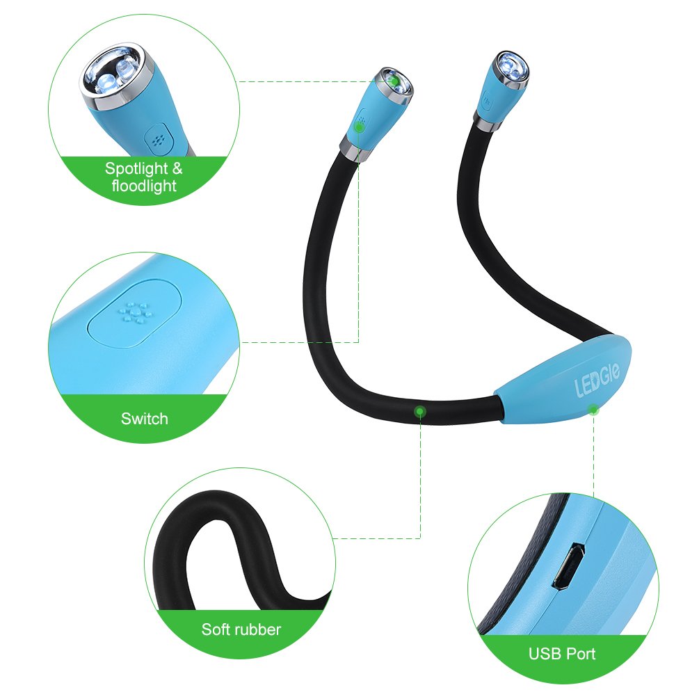 LEDGLE Neck Reading Light - Rechargeable, 4 LED Bulbs, 3 Brightness Levels, Flexible Silicone Arms, Sky Blue, Model NBL1