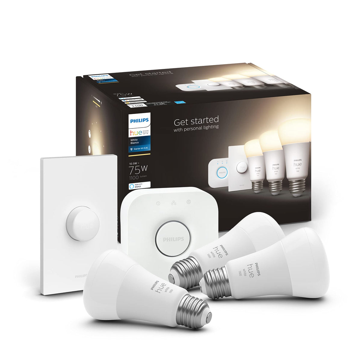 Philips Hue Smart Light Starter Kit - Includes (1) Bridge, (1) Smart Button And (3) Smart 10.5W A19 Led Bulb, Soft Warm White Li