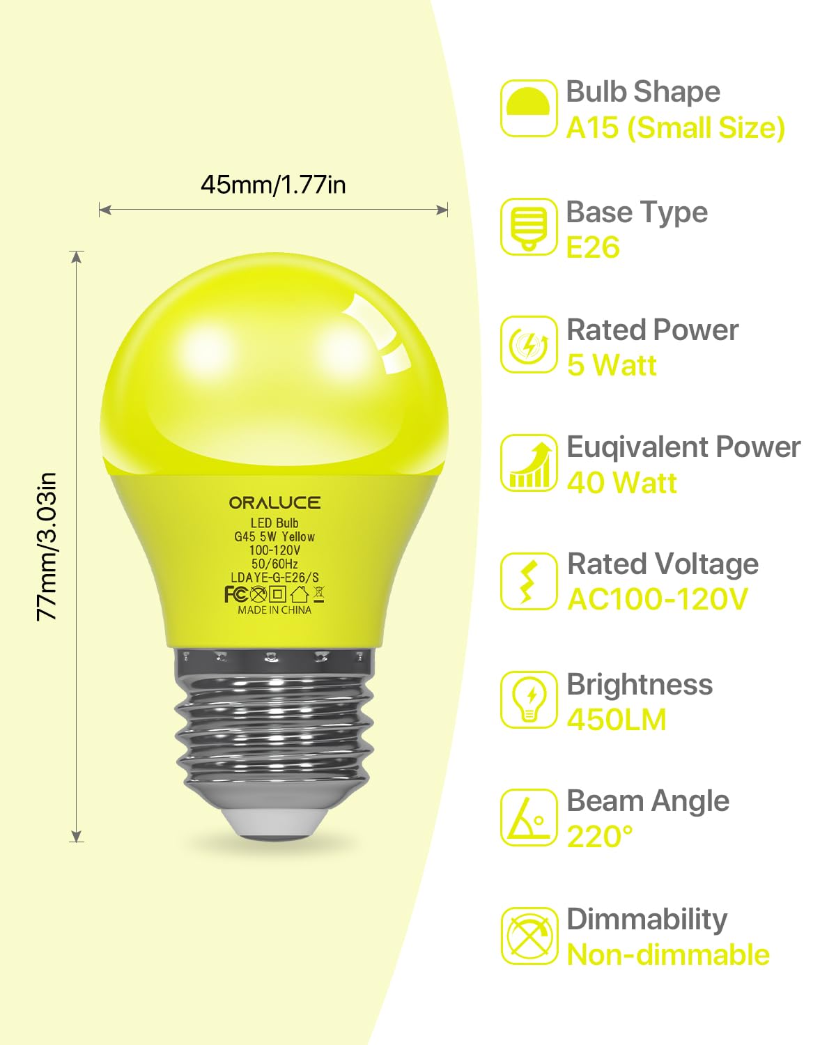 ORALUCE A15 LED Bulbs, 5W 450LM, Yellow, E26 Base, Non-Dimmable, 6 Pack, Ideal for Halloween and Christmas Party Decoration