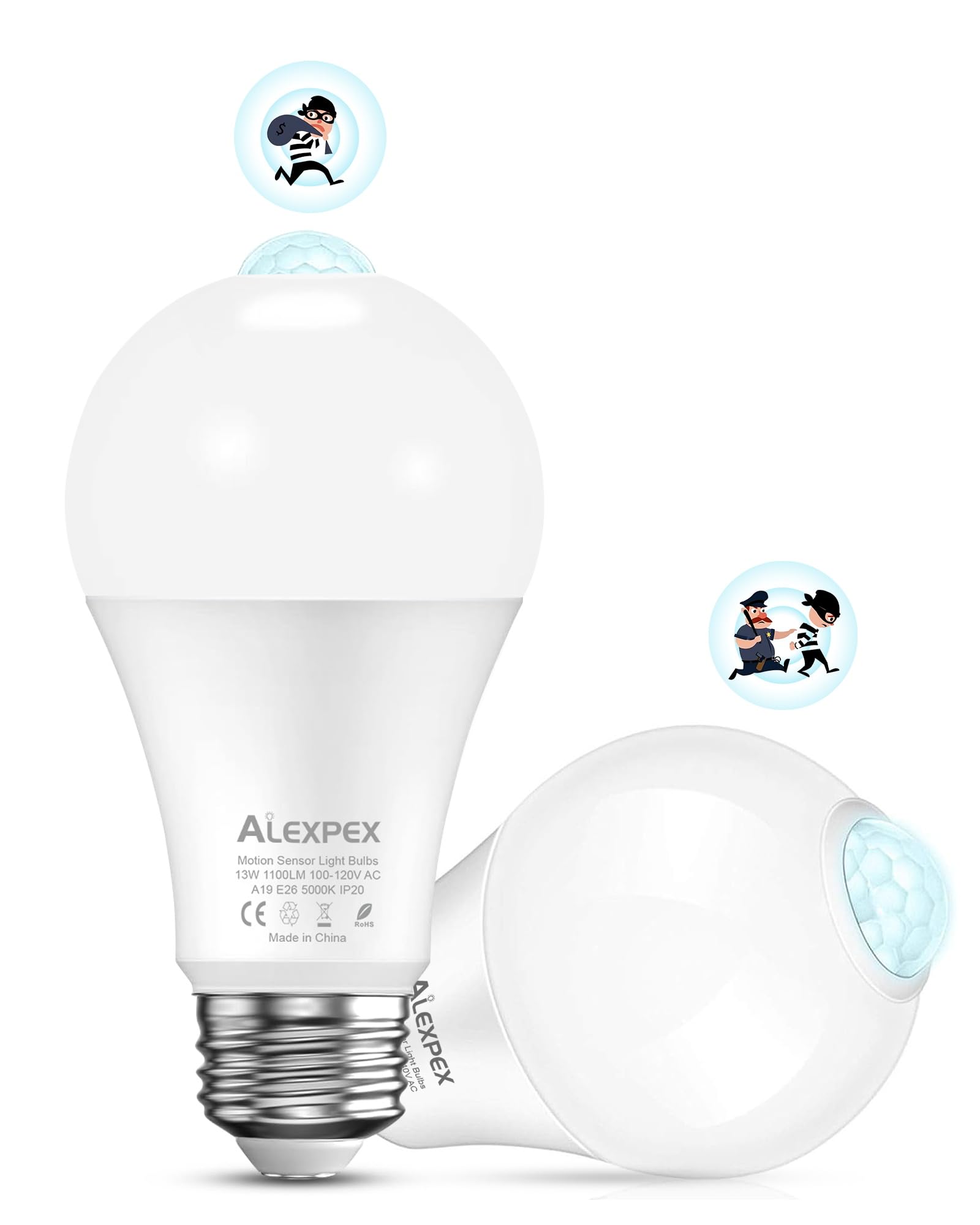 ALEXPEX Motion Sensor LED Bulbs, 1100LM 5000K Daylight, A19 E26, 2 Pack, Cool White