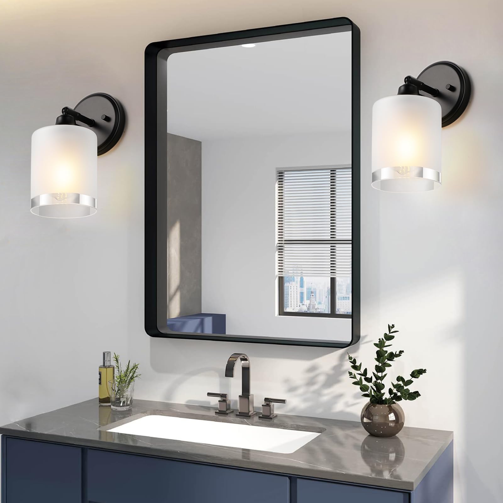 XIFEINIU Wall Sconces Set of Two, Rotatable, Metal, Frosted Glass, Black, 2Pack, Model LV24H58-B1