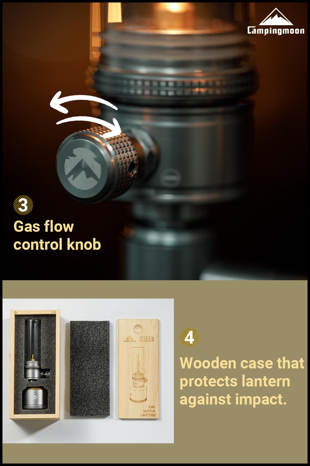 CAMPINGMOON Camping Gas Lantern T-1D15 - Silver Aluminum Lantern with Wooden Case