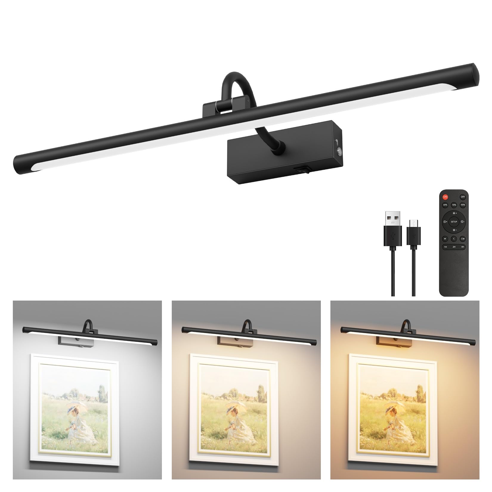 Aipsun 23.6 Black Picture Lights for Wall Rechargeable,12000mAh Battery Operated Art Light for Paintings,3CCT Dimmable, Rotatabl