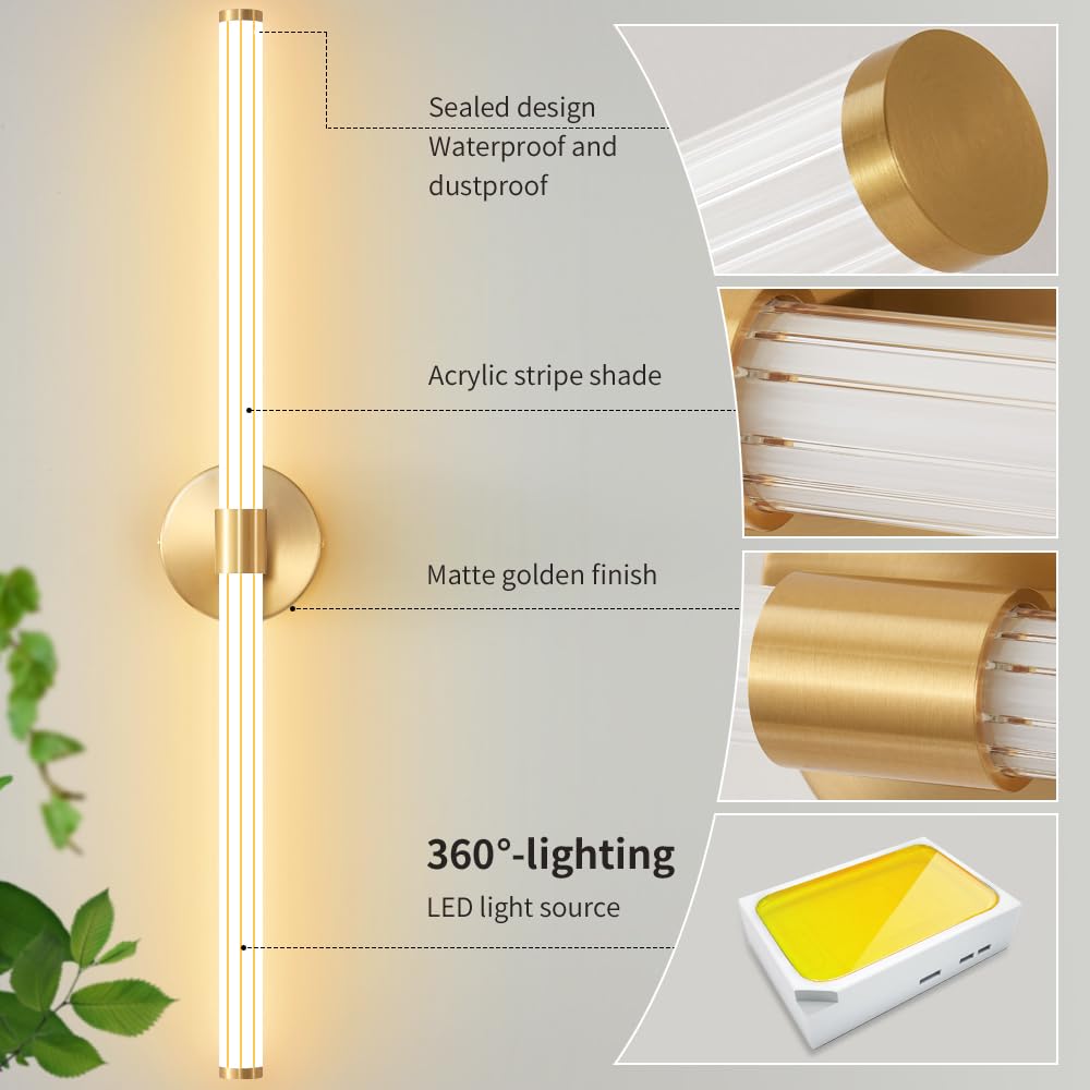 Gednbo 30" Dimmable LED Bathroom Vanity Light Fixture - Modern Gold Wall Sconce, 360° Full Lighting for Mirror, Metal Construction