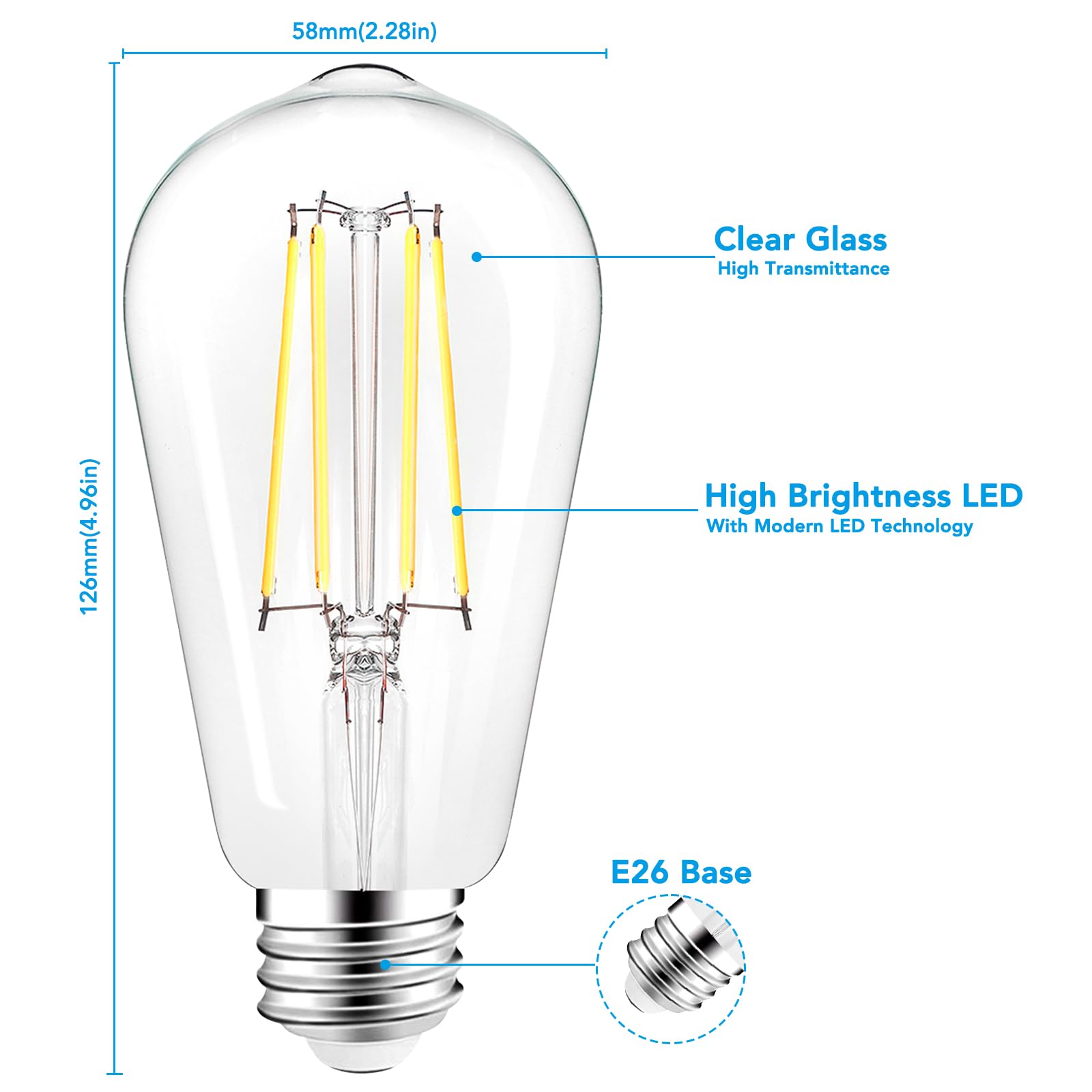Partphoner Led Light Bulbs Dimmable Vintage Edison Bulb, E26 Led Bulb 60W Equivalent 720 Lumens, Daylight 5000K, St58 Antique Le