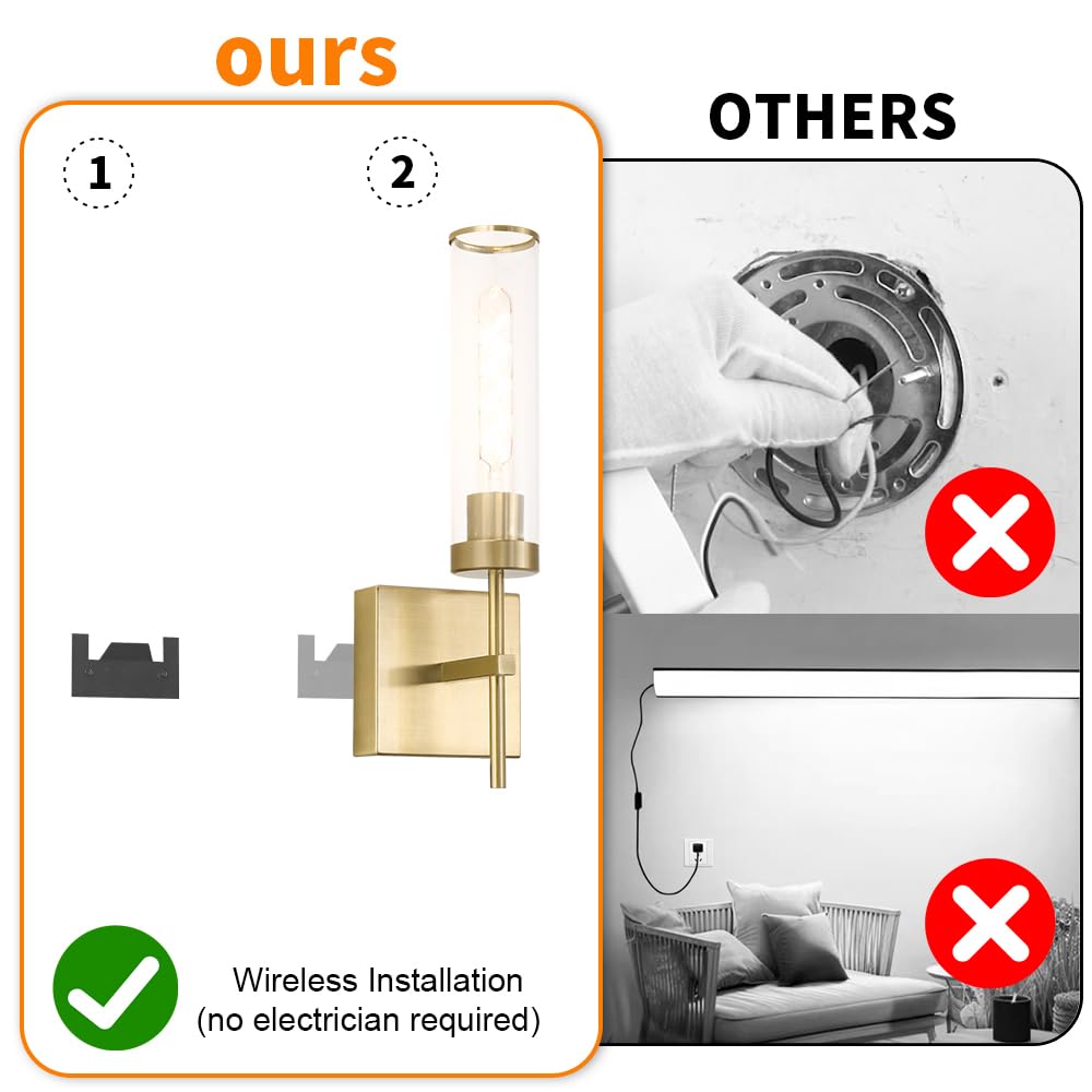 DSMJFU Gold Wall Sconce Set of 2, USB Rechargeable, Metal, 15.94in, Dimmable Glass Light Fixture, Model DX23082G1-CL-2