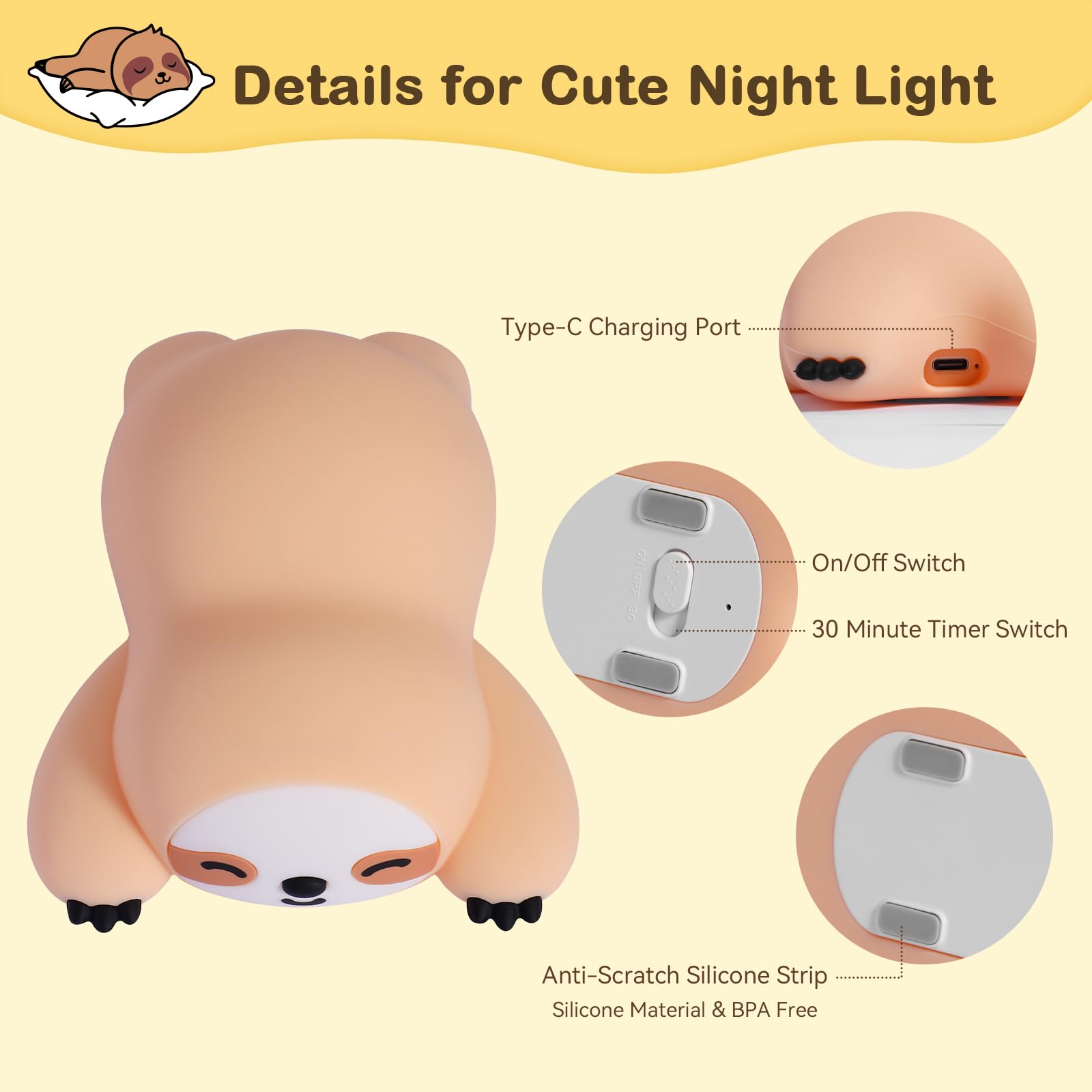 TCMOT Cute Sloth Night Light for Kids, 3-Level Dimmable Nursery Nightlight, Silicone Squishy Light Up Sloth Gifts, Rechargeable