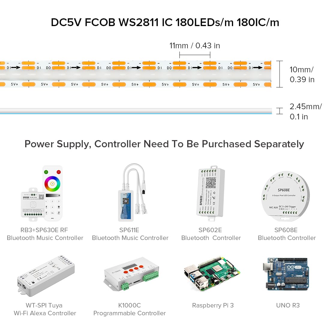 Btf-Lighting Fcob Cob Ws2811(Ws2812B) Ic Rgb 180Led/M 180Ic Led Strip Dc5V 3.2Ft Individual Addressable Flexible High Density Un
