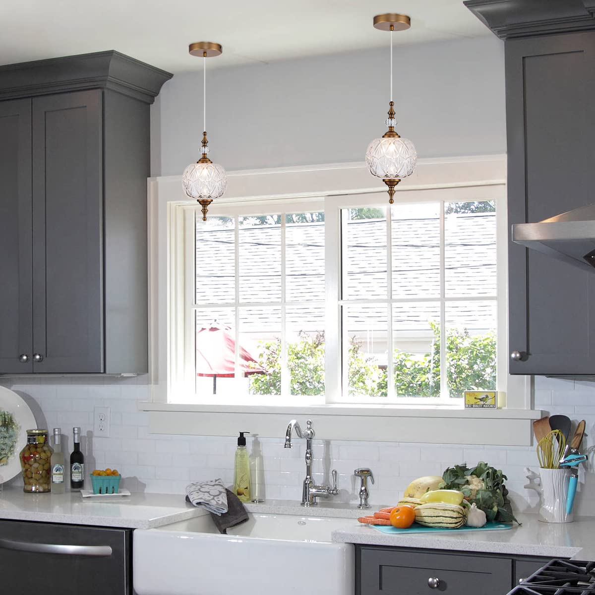 TLOLGT Antique Adjustable Pendant Light Fixtures Delicate Decorative Pattern Glass Ceiling Pendant Lighting for Kitchen Island D