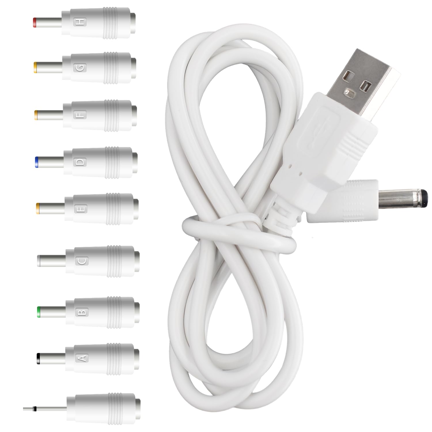 5V Dc Power Cord Replacement Charger, Usb To Dc Plug Charging Cord With 9 Connectors Adapters For Moon Lamp, Massage Wand, Router, Led Light,Speaker And More Devices (White)