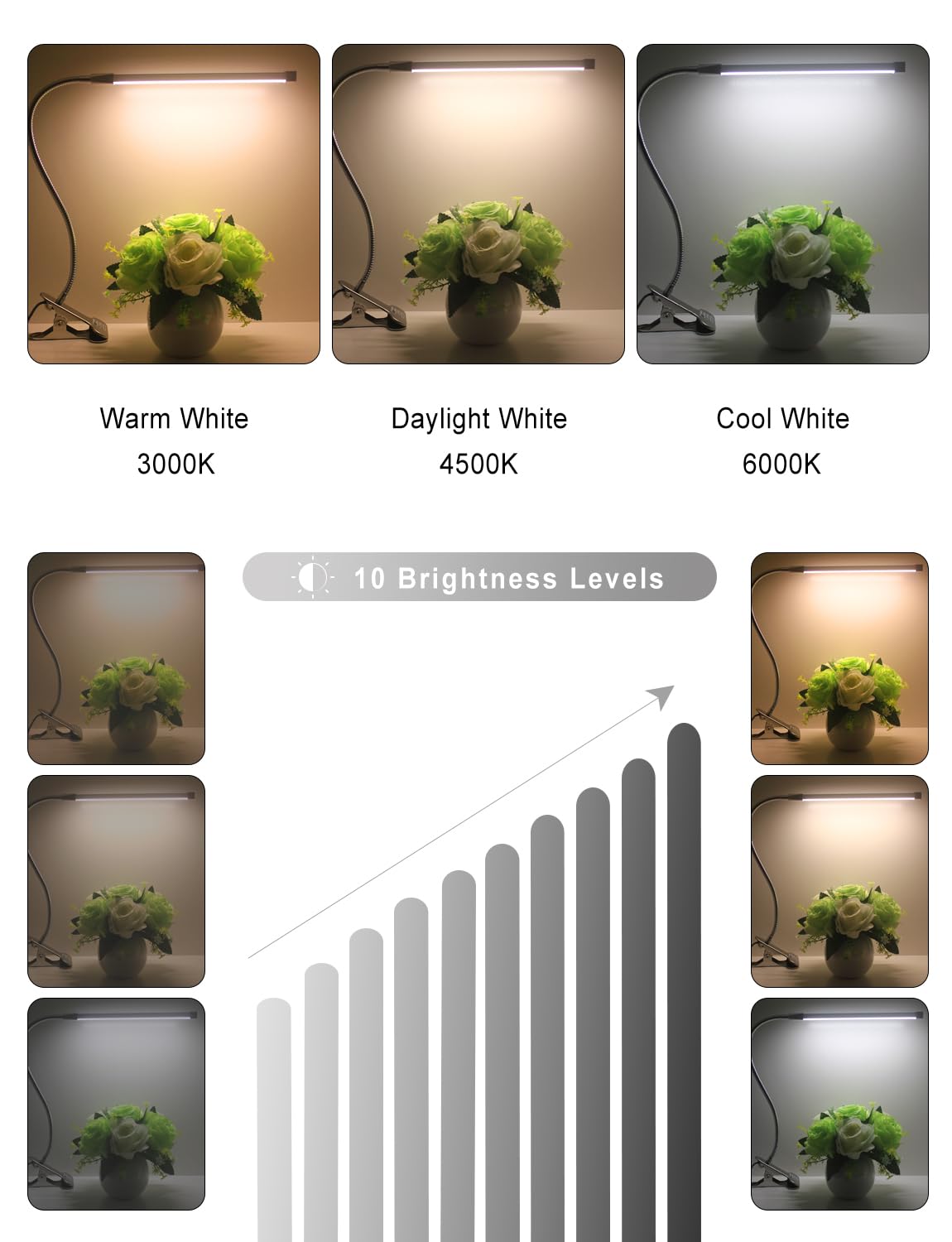 VagaryLight Nail Desk Lamp, Flexible Gooseneck, 3 Color Modes, 10 Brightness Levels, Small, Aluminum, Silver, Model DLDL8