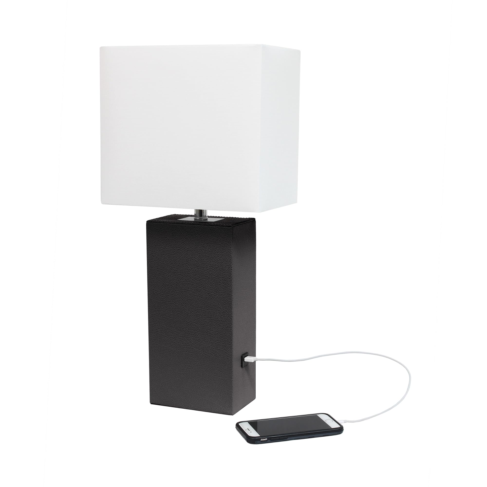 Elegant Designs Lt1053-Bwn Modern Leather Usb And White Fabric Shade Table Lamp, Brown - (Pack Of 1)