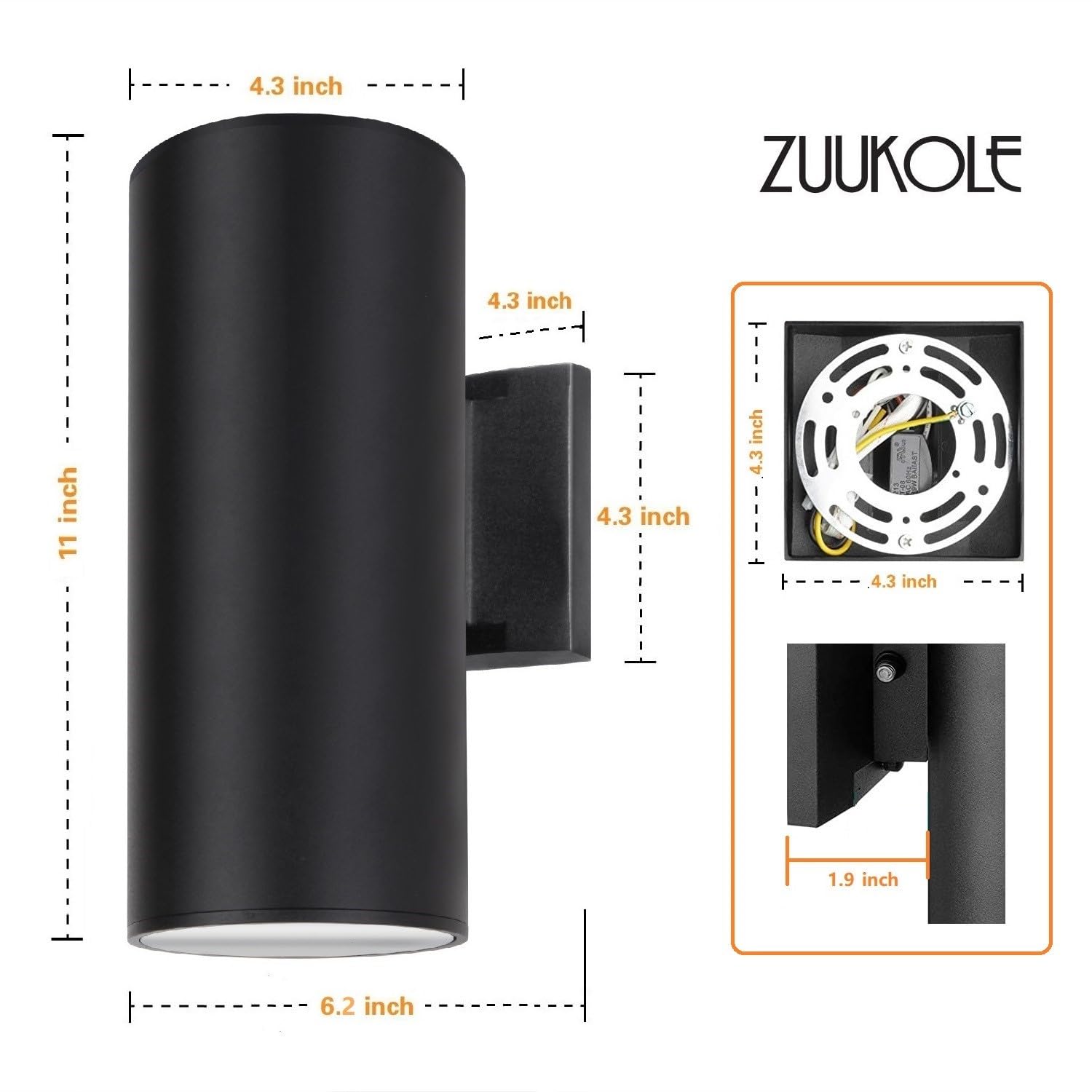 ZUUKOLE Outdoor Wall Sconce, Dusk to Dawn Sensor, Waterproof Aluminum, Up Down Light Fixture, Black, Model T001BT
