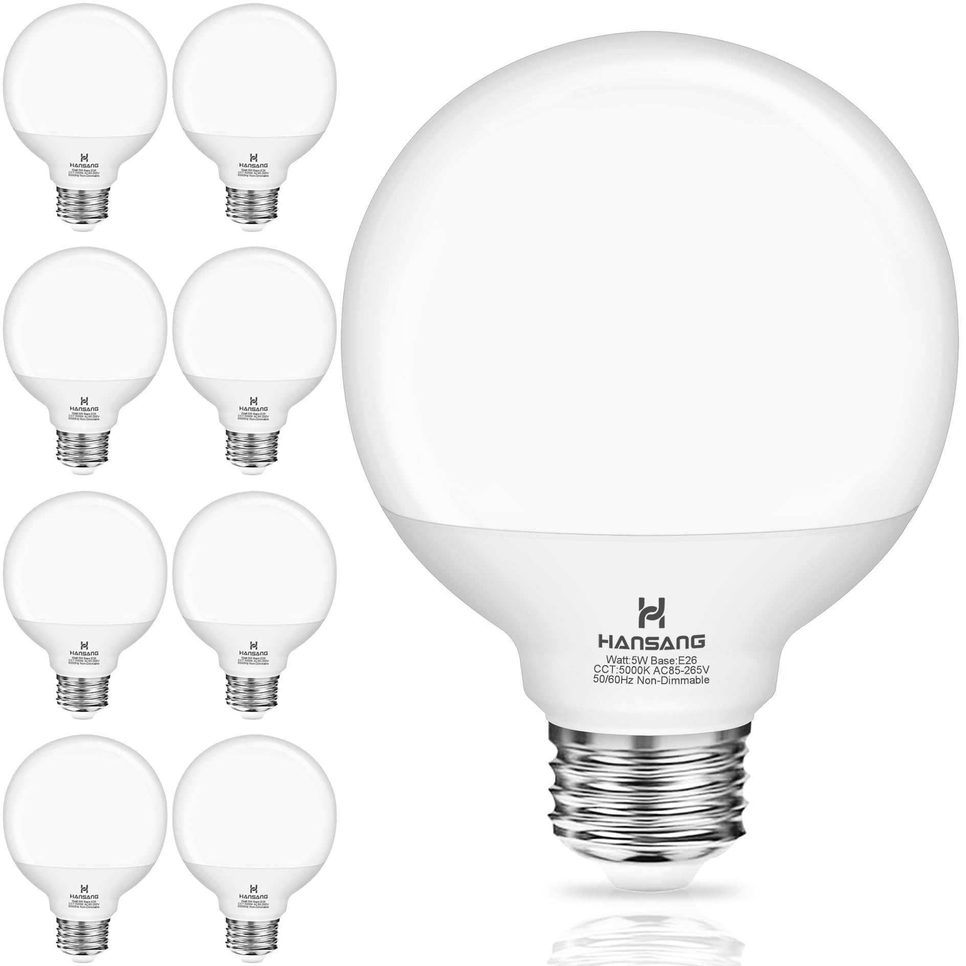 Hansang 8 Pack Bathroom Light Bulbs, 5000K Daylight Led Globe Light Bulbs, 40W Equivalent E26 Base, G25 Vanity Light Bulb For Ba