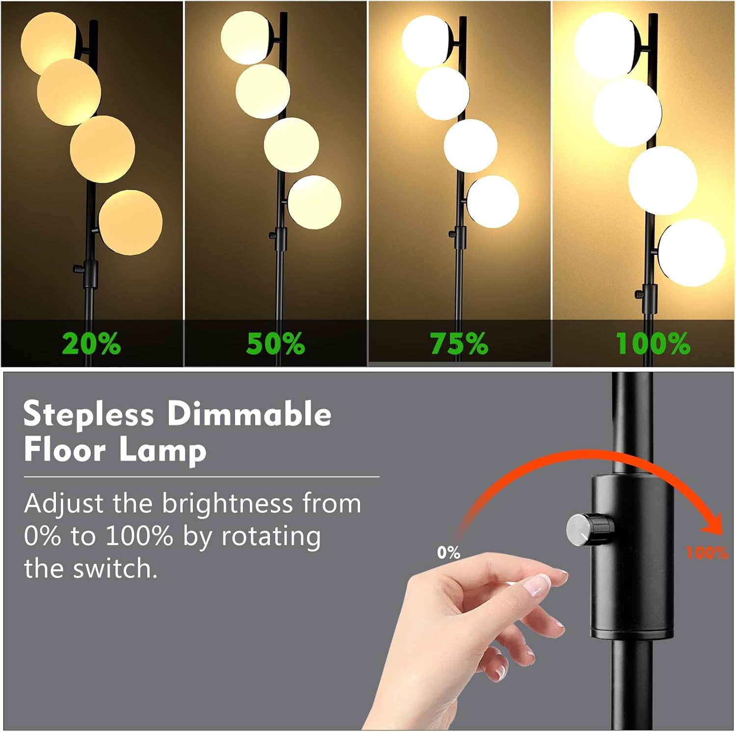 Acohook 64In Dimmable Black Floor Lamp, Tall Standing Lamps With 4 Globe Soft Warm White Eye Care 3000K G9 Bulbs, Mid Century Mo