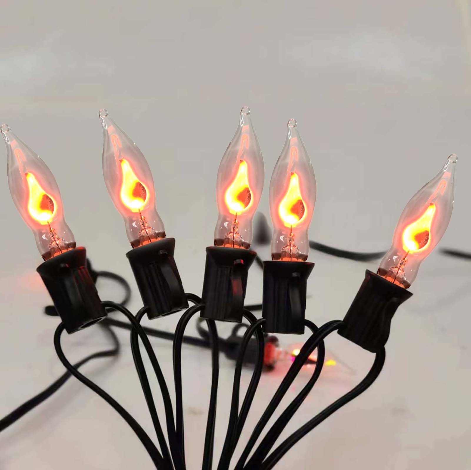 Romasaty C18 Halloween Flicker Flame String Lights, 10FT, Orange Glow, 10 Light, Black Wire