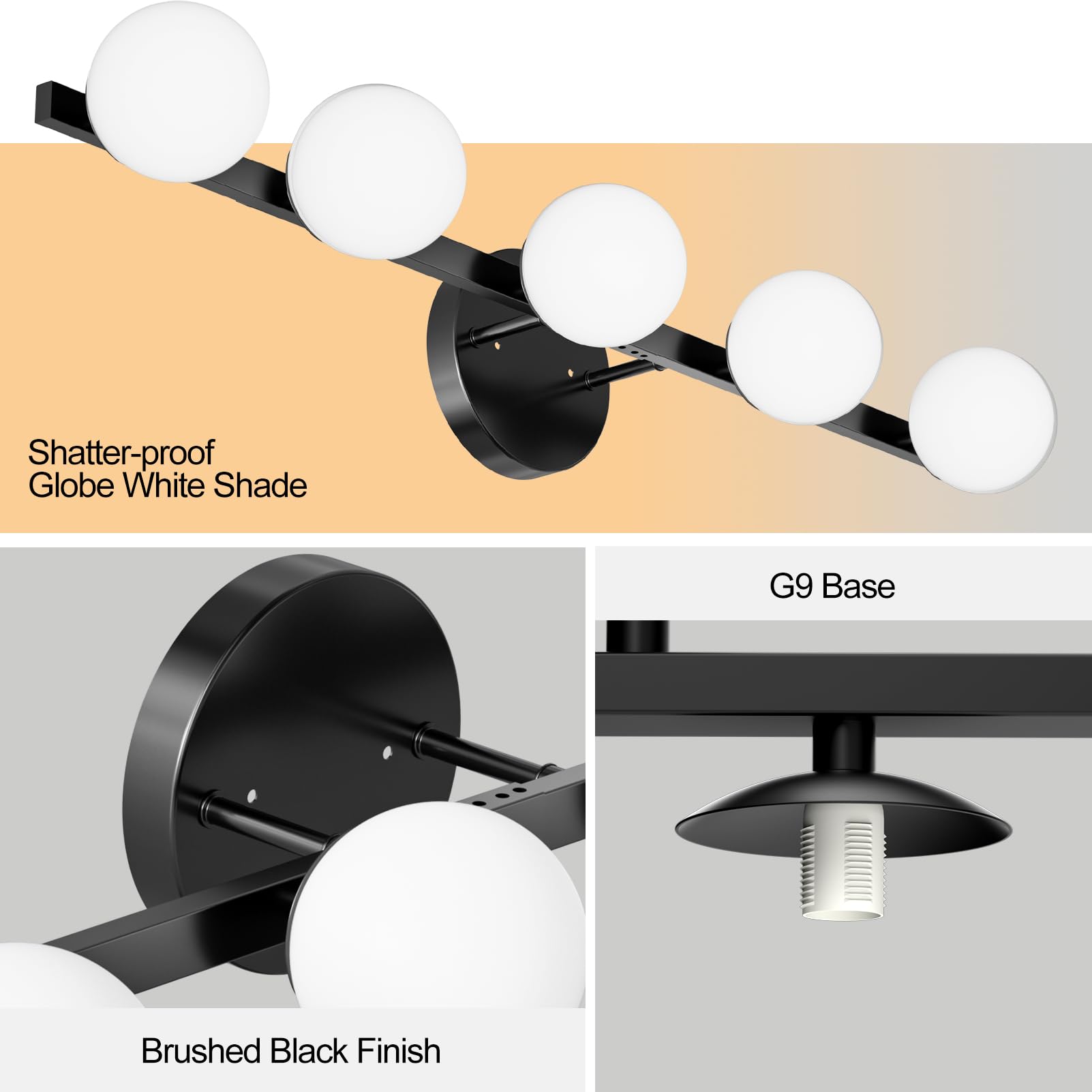 Lightdot 31in 5-Light Vanity Light | Matte Gold Frame, Dimmable, Shatterproof Shades | 5L-Globe Black