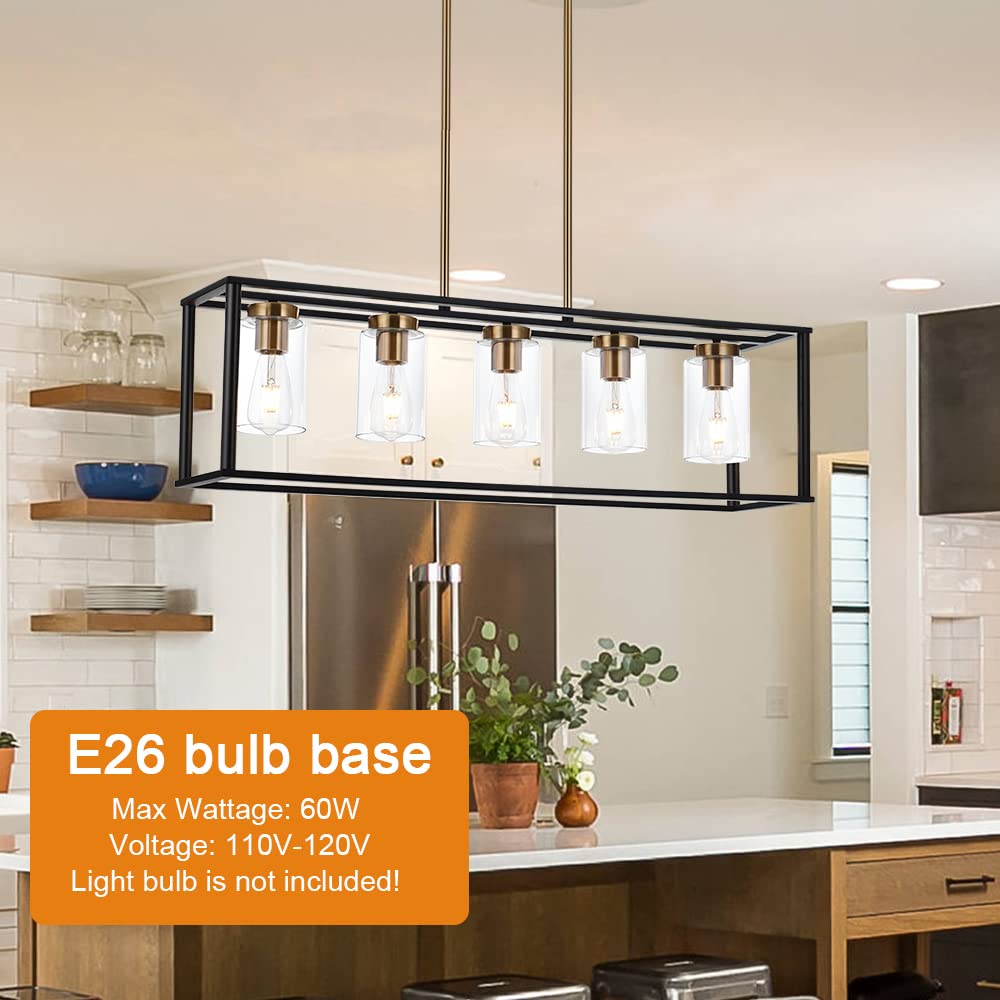 VINLUZ 5-Light Farmhouse Chandelier, Black and Brass Metal Pendant Light, Clear Glass Shade, Model 1811-5-23