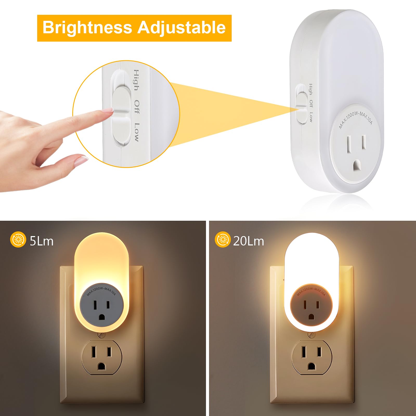 Dawnrise Night Lights Plug Into Wall,Dusk To Dawn Sensor Night Light With Power Outlet,Cct 2200K/4000K,5/20Lm Adjustable Brightn