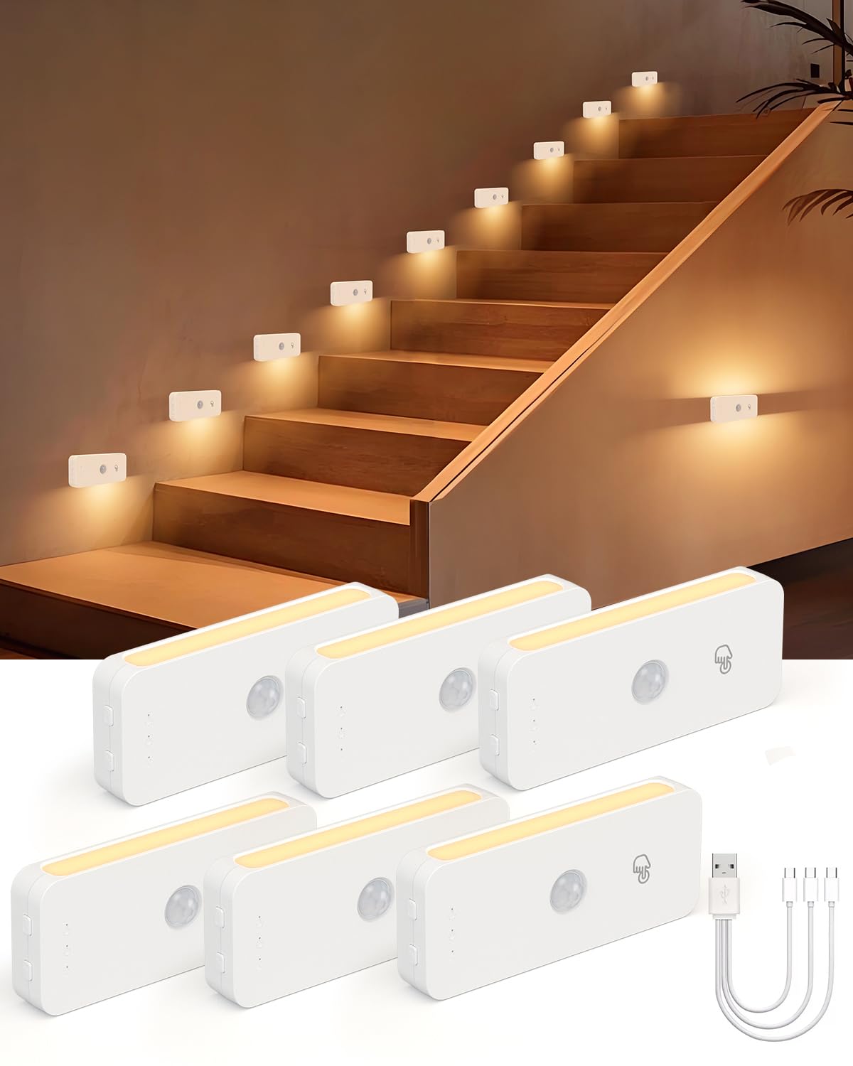 Yiliaw Motion Sensor Night Lights Indoor - Rechargeable Stick-On Stair Lights with Wireless Magnetic Mount, Adjustable Brightnes
