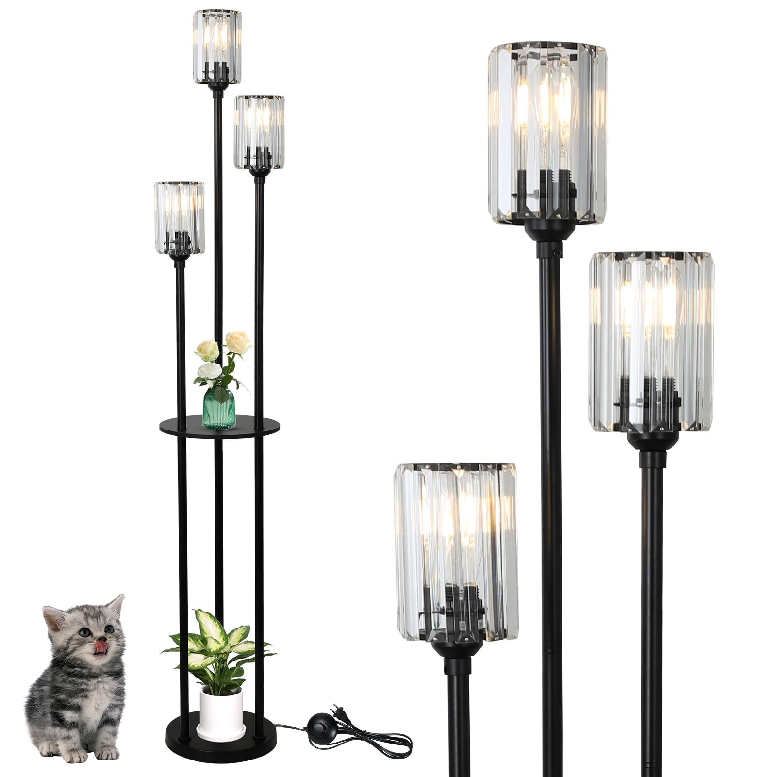 HMVPL Floor Lamps for Living Room, Gold Floor Lamp with Shelves, 3-Lights Modern Brass Standing Lamp with Glass Shades, On/Off F