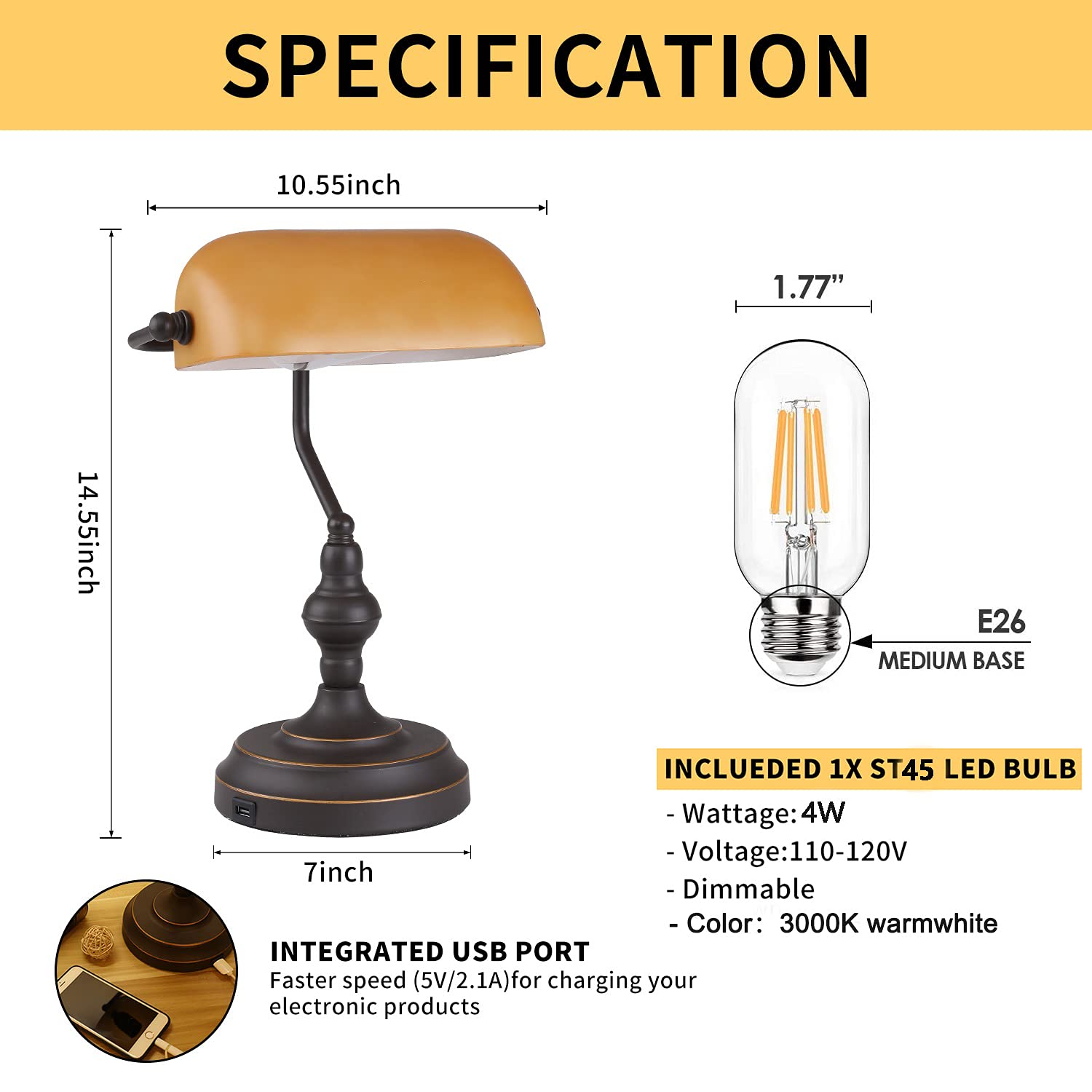 Liylan Bank Desk Lamp Touch Control, Vintage Bankers Lamps With Usb Port, 3 Way Dimmable Desk Lamps, Farmhouse Library Desk Lamp