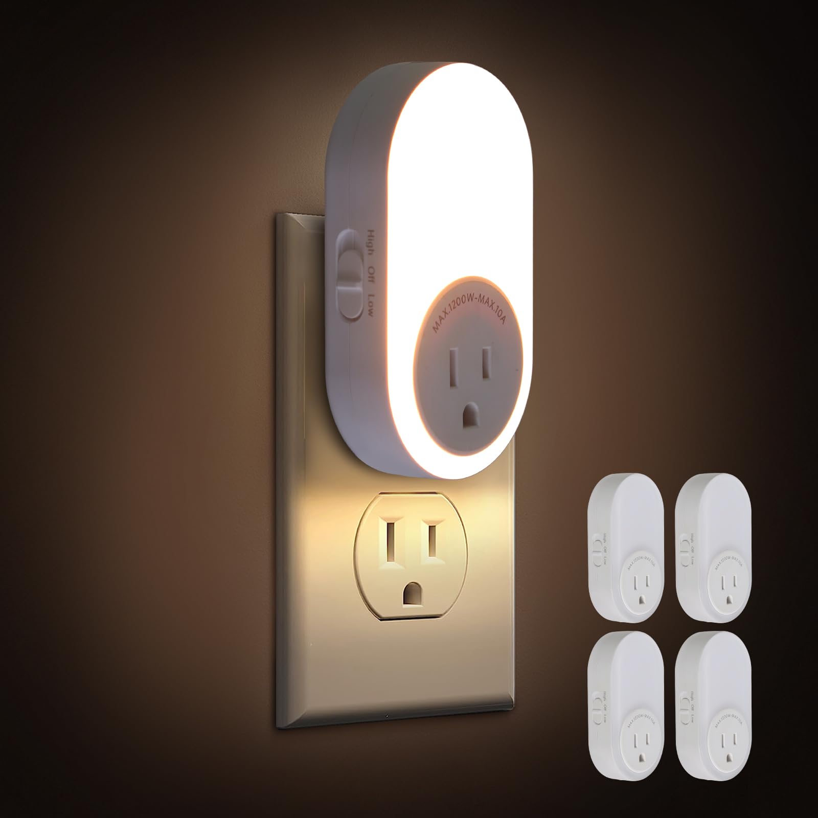 Dawnrise Night Lights Plug Into Wall,Dusk to Dawn Sensor Night Light with Power Outlet,CCT 2200K/4000K,5/20LM Adjustable Brightn