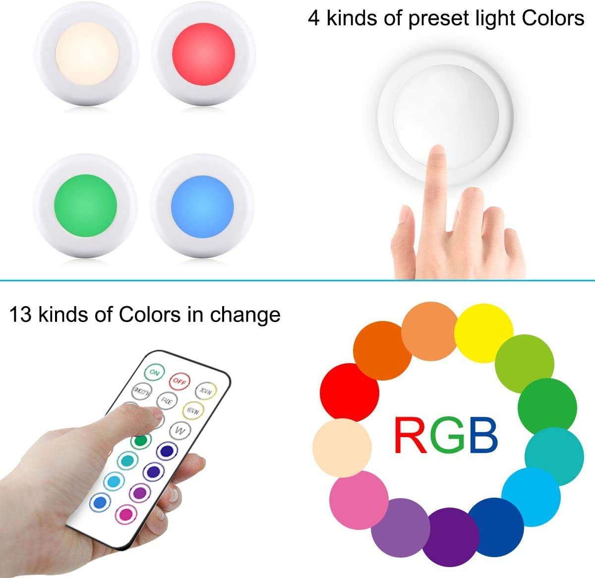 Cadrim LED Puck Lights, 13 Color Changeable, Dimmable, Battery Powered, 3 Pack, Multicolor, Model NCG16608