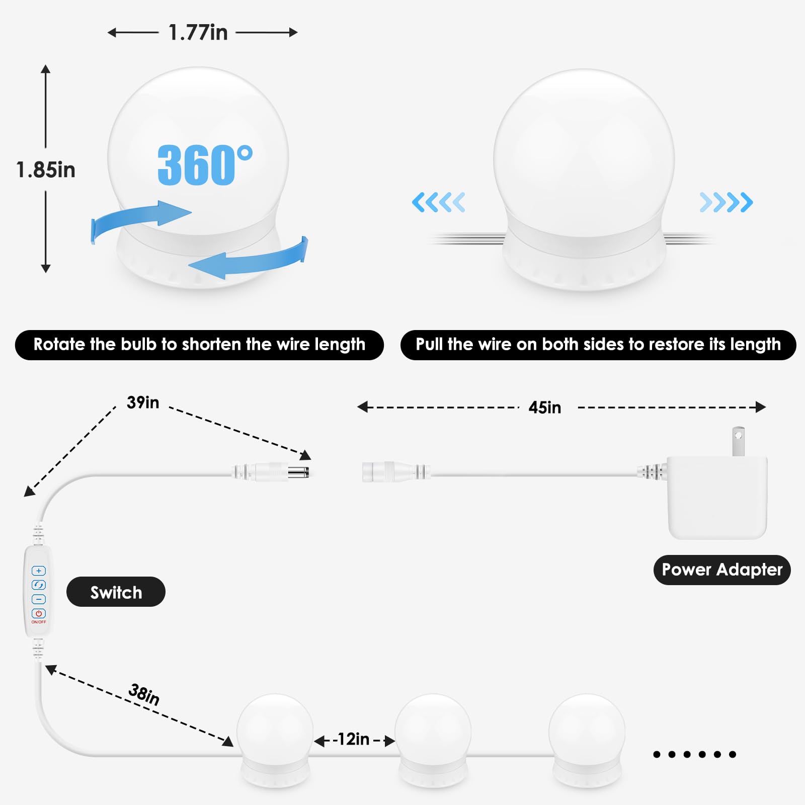 14 Bulbs Led Vanity Lights For Mirror, 3000K 4500K 8000K & 10 Level Brightness Adjustable Dimmable Mirror Lights Stick On With 23Ft Length Power Adapter, Hollywood Makeup Lights For Full Length Mirror
