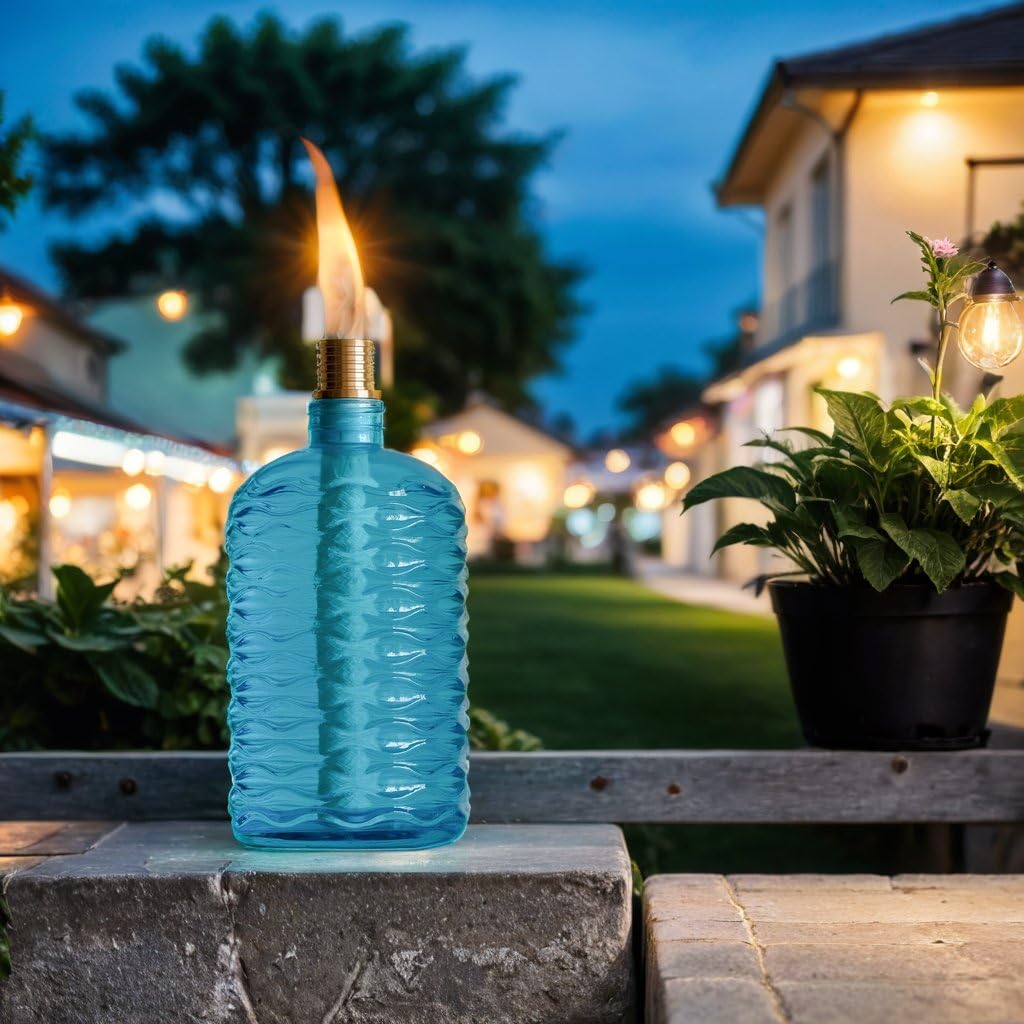 OEXEO 4PCS Glass Outdoor Tabletop Torch Set,Torch Wicks, Torch Light,Garden Torch,Patio Torches,Citronella Torches (Blue)