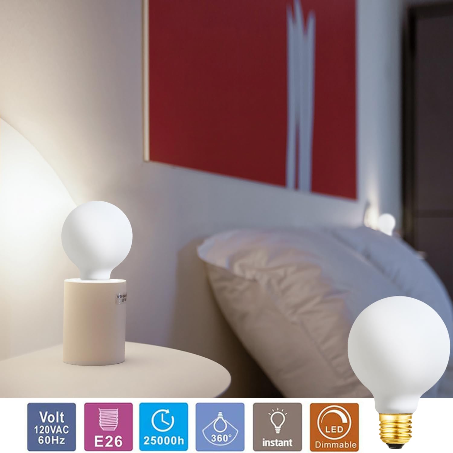 Leools Dimmable G25 Led Frosted Bulb E26 Led Globe Bulb 60W Led Edison Bulb 4000K Daylight White 600Lm Ac120V 6W G80 Flick-Free