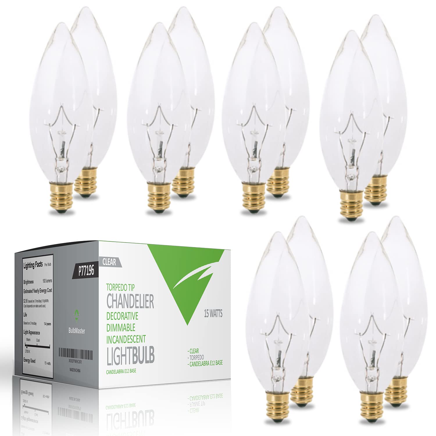 Bulbmaster 15 Watts Blunt Tip Decorative Light Bulbs Chandelier Light Bulb Candelabra Base Torpedo Clear Straight Dimmable Incandescent Light Bulbs, E12 Base Lamps Pack Of 12