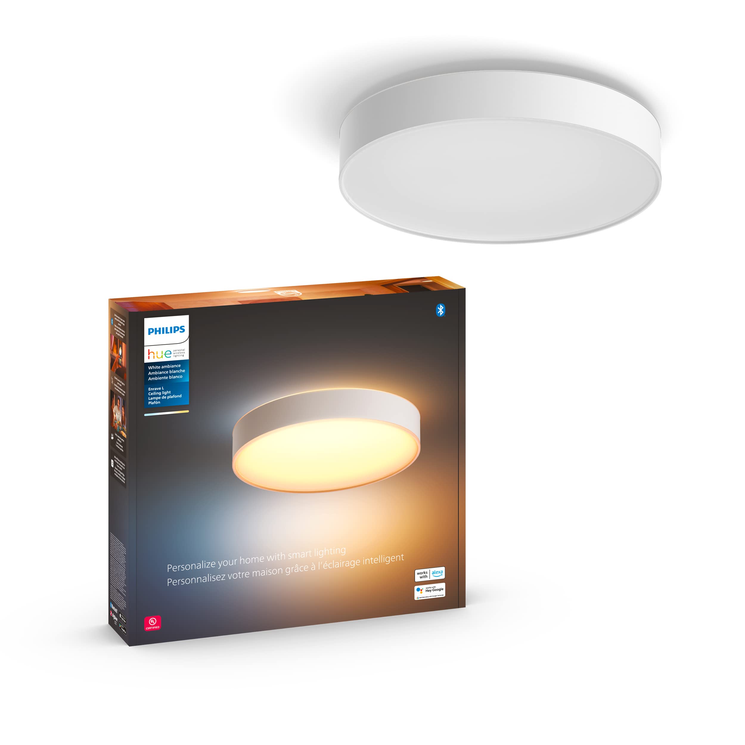 Philips Hue Enrave Large Ceiling Lamp, White - White Ambiance Warm-To-Cool White Smart Led Light - 1 Pack - Control With Hue App