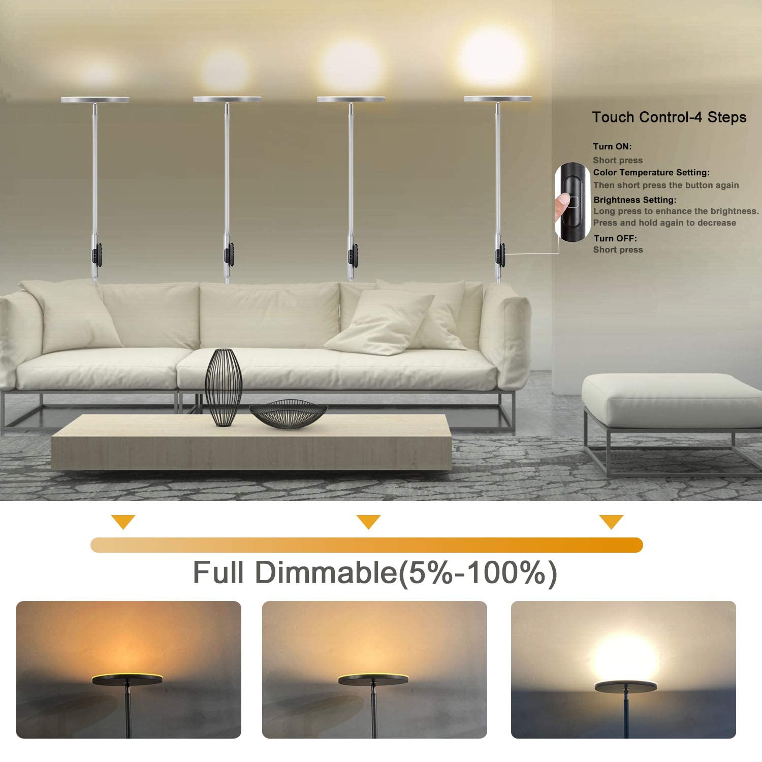 JOOFO Floor Lamp, 30W LED Torchiere with Remote & Touch Control, 2400LM, Silvery Grey